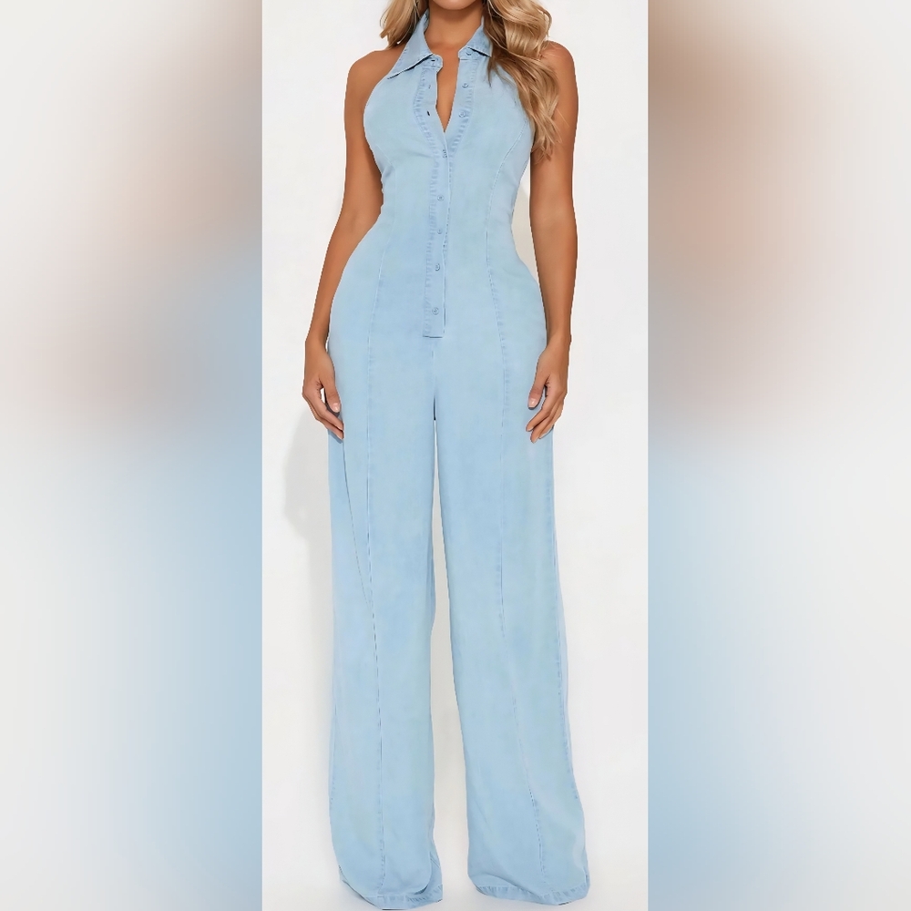 Fashion Nova Pale Blue Halter Wide-Leg Jumpsuit